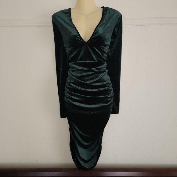 SHEIN Green Deep V Neck Ruched Velvet Party Bodycon Long Sleeve Dress sz 4 Small - Picture 10 of 11